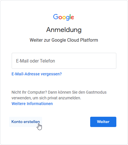 Anmelden oder neues Konto erstellen