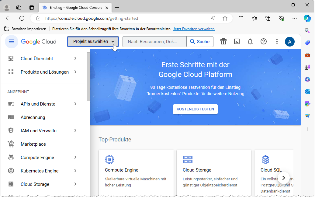 Startbildschirm der Google Cloud