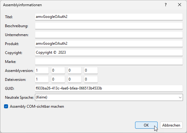 Aktivieren der Option Assembly COM-sichtbar machen