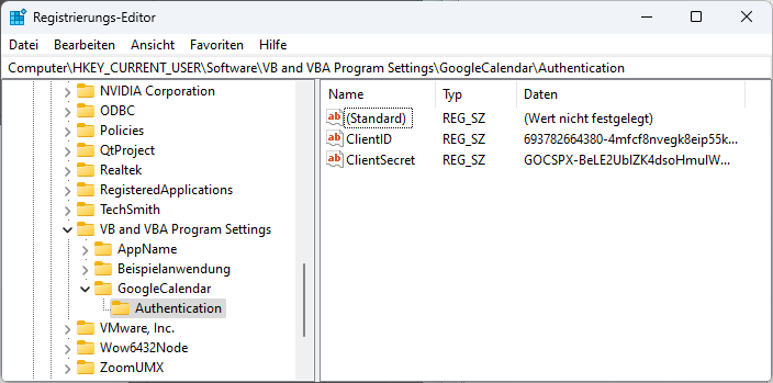 Informationen in der Registry