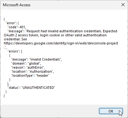 Fehlermeldung bei fehlgeschlagener Authentifizierung