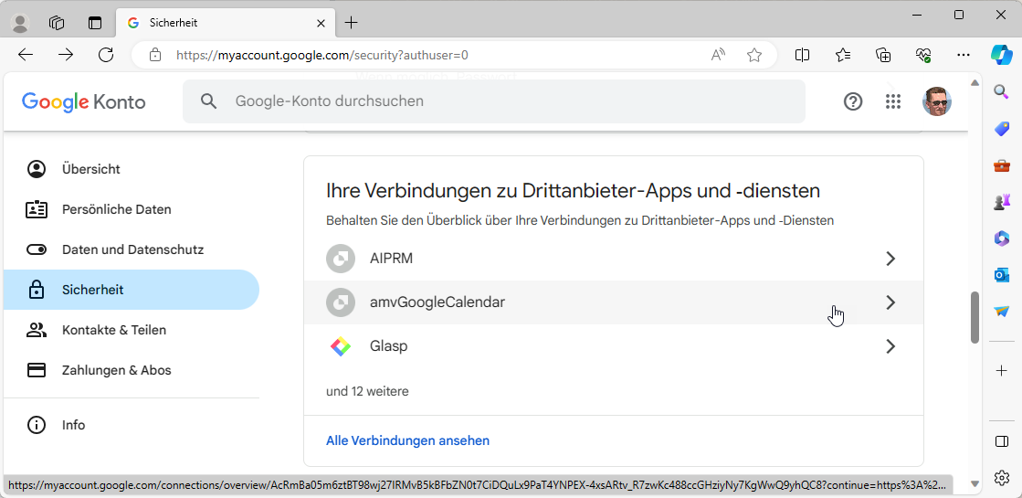 Der Bereich Sicherheit im Google-Benutzerkonto