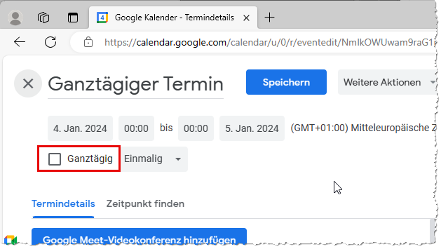 Ein ganztägiger Termin im Google Calendar