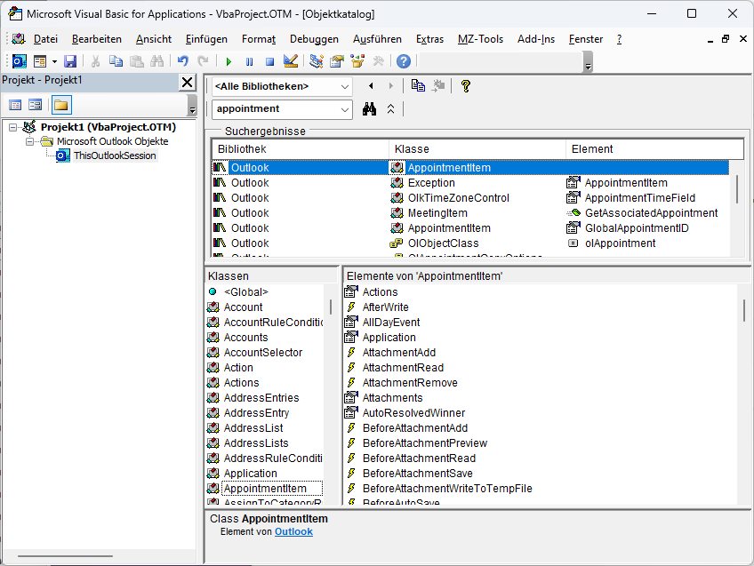 Ereignisse des Termins im Objektkatalog
