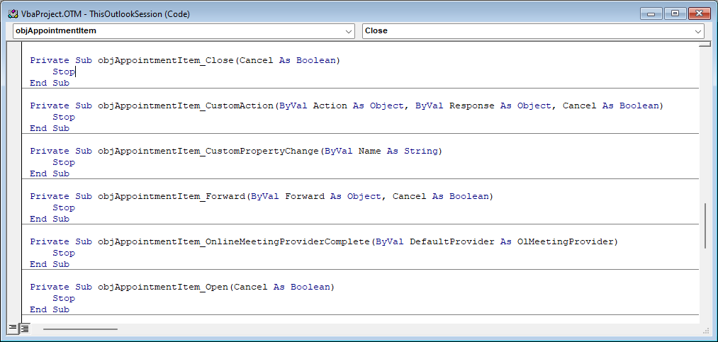 Implementierte Ereignisprozeduren eines AppointmentItem-Elements