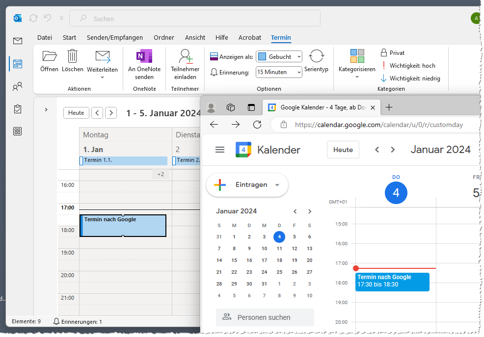 Ein von Outlook in den Google Calender übertragener Termin