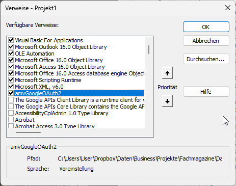 Notwendige Verweise für den Einsatz unserer Beispiellösung