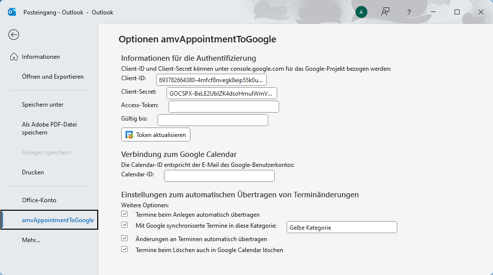 Die Optionen des COM-Add-Ins amv-Appoint-ment-ToGoogle