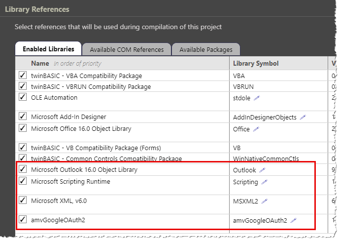 Verweise des twinBASIC-Projekts