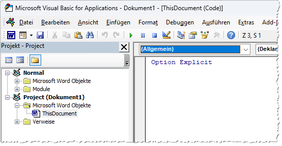 Ein eingebautes Klassenmodul, hier in Word.