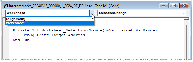 Ereignisprozedur beim Ändern der Markierung in einem Excel-Arbeitsblatt