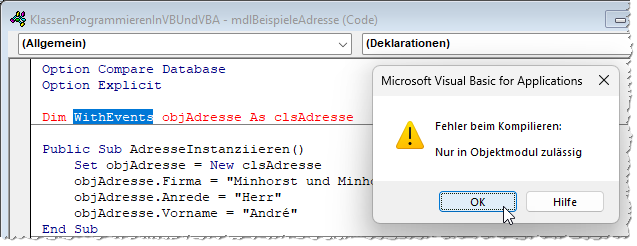 Fehler beim Versuch, WithEvents in einem Standardmodul zu verwenden