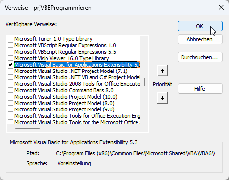 Setzen eines Verweises auf die Bibliothek Microsoft Visual Basic for Applications Extensibility 5.3