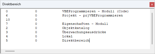 Ausgabe der Fenster mit einigen Eigenschaftswerten