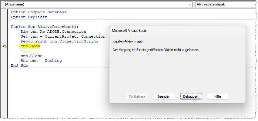 Fehler beim Versuch, eine geöffnete Verbindung erneut zu öffnen