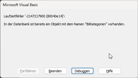 Fehler beim Versuch, eine Tabelle erneut anzulegen