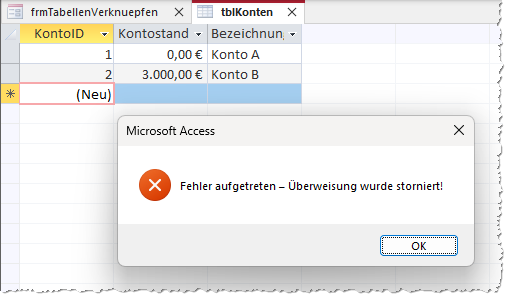 Die Tabelle tblKonten nach einem Fehler innerhalb der Transaktion