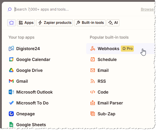 Einen Trigger für VBA oder eine der Office-Anwendungen finden wir nicht. Dafür aber einen für Webhooks.