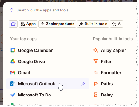 Auswahl von Microsoft Outlook für die Aktion