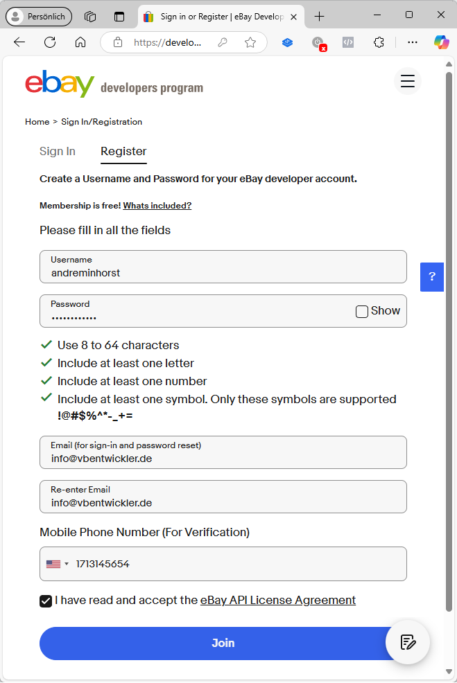 Registrieren für das Developer-Program von eBay