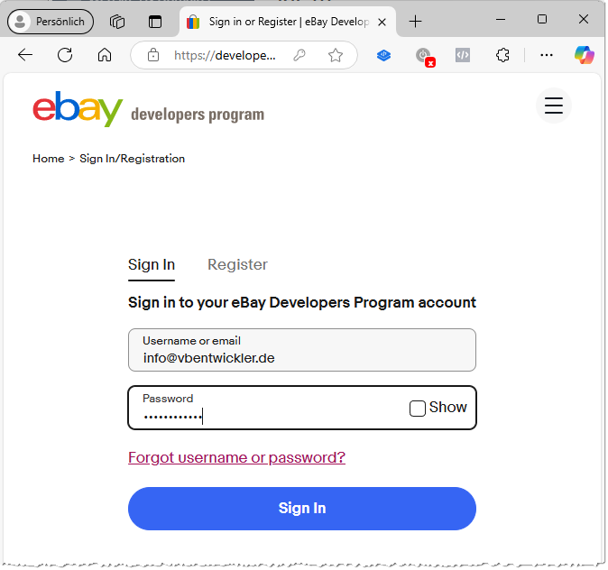 Anmelden beim Developer-Program von eBay