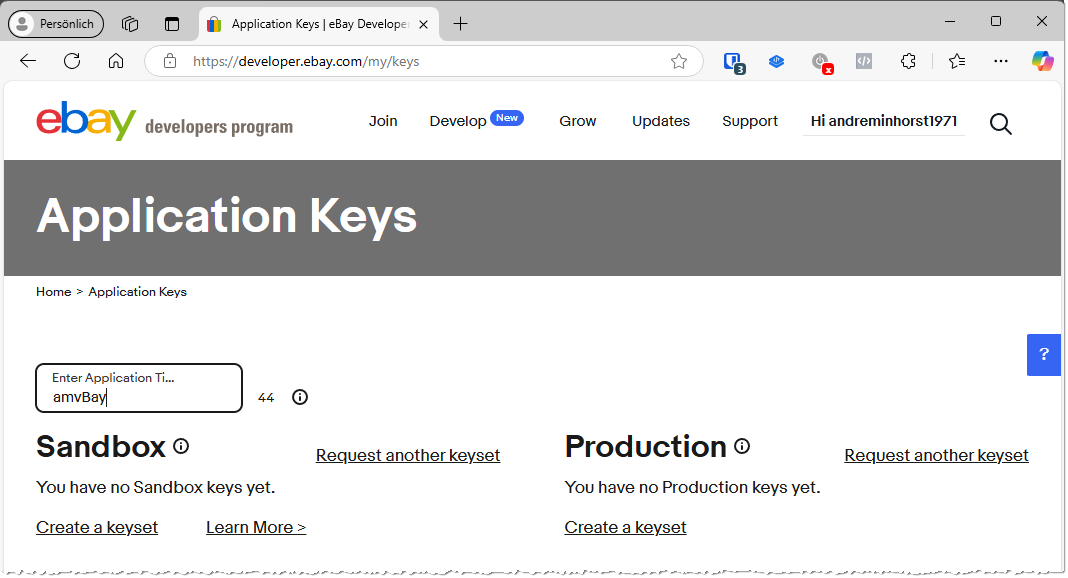 Noch während der Eingabe des Namens erscheinen die Optionen zum Erstellen von Keysets.