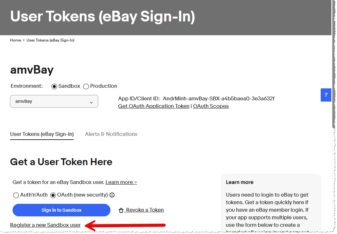 Aufruf der Registrierung eines Sandbox-Benutzers