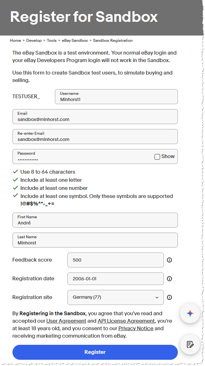 Eingabe der Daten für einen Sandbox-Benutzer