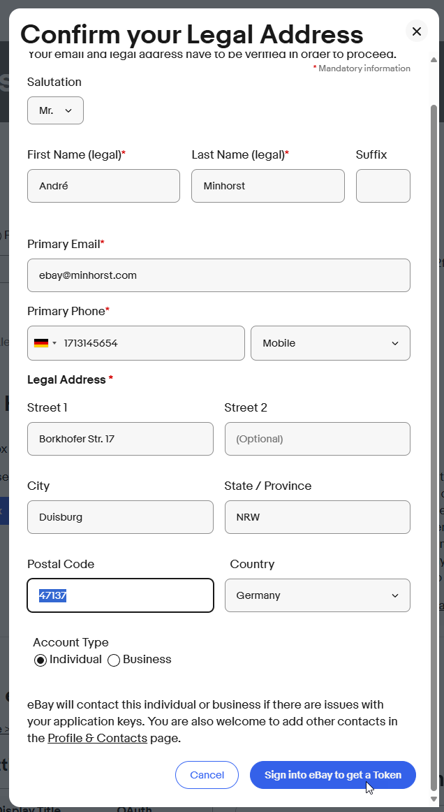 Eingabe unserer Adressdaten für die Token-Generierung