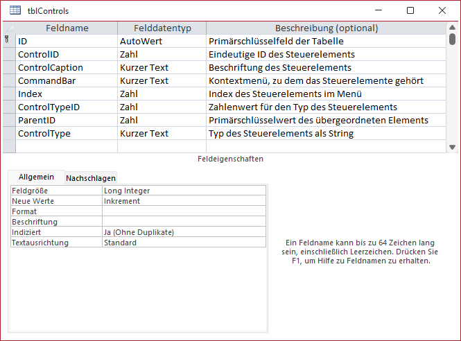 Entwurf der Tabelle zum Speichern der Kontextmenü-Einträge mit Eigenschaften