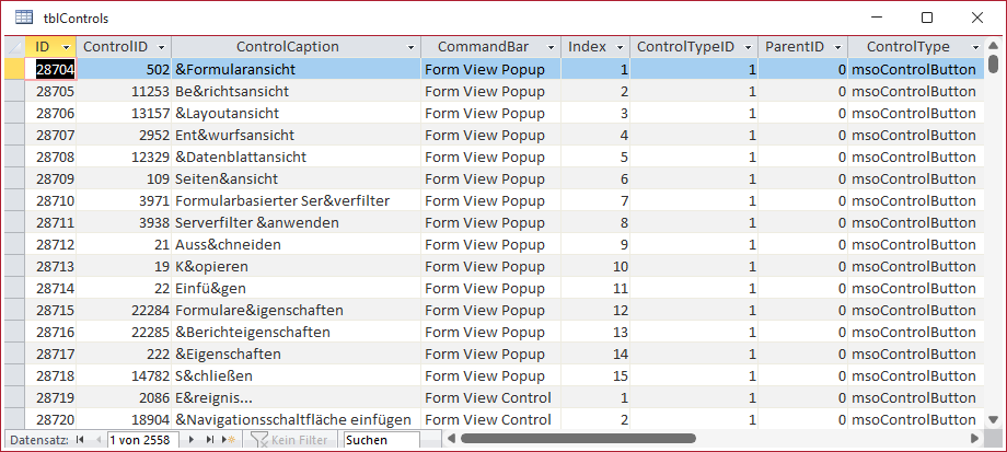 Datenblattansicht der Tabelle zum Speichern der Kontextmenü-Einträge mit Eigenschaften