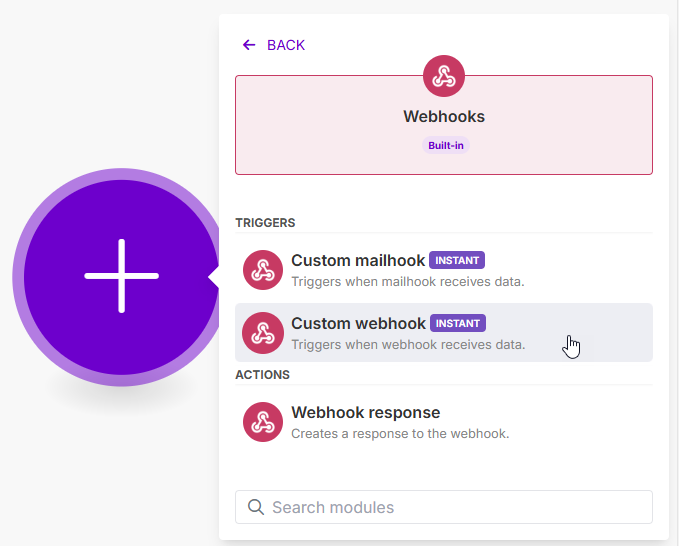 Hinzufügen eines Triggers namens Custom webhook