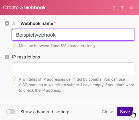 Einstellen des Namens für den Webhook