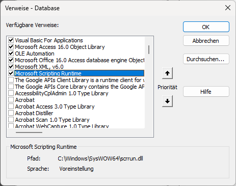 Verweise für das VBA-Projekt