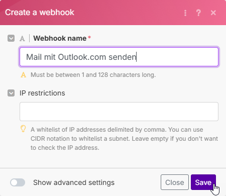 Name des Webhooks festlegen