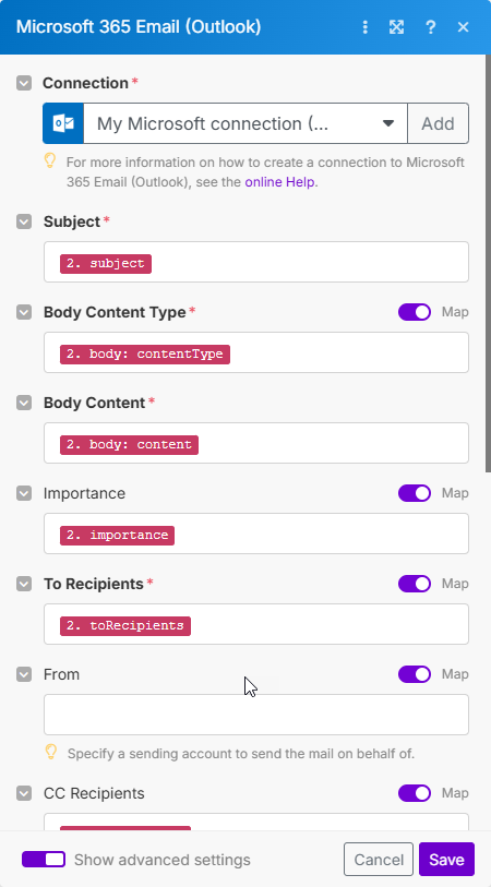 Die Informationen aus dem JSON-Dokument können hier gemappt werden.