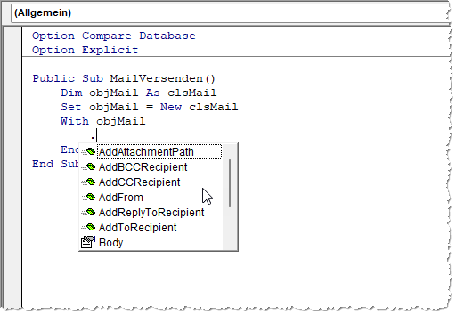 Auswahl der Elemente der Klasse clsMail