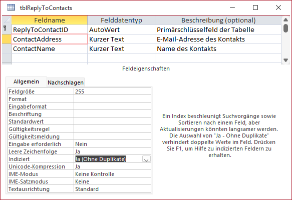 Entwurf der Tabelle tblReplyContacts