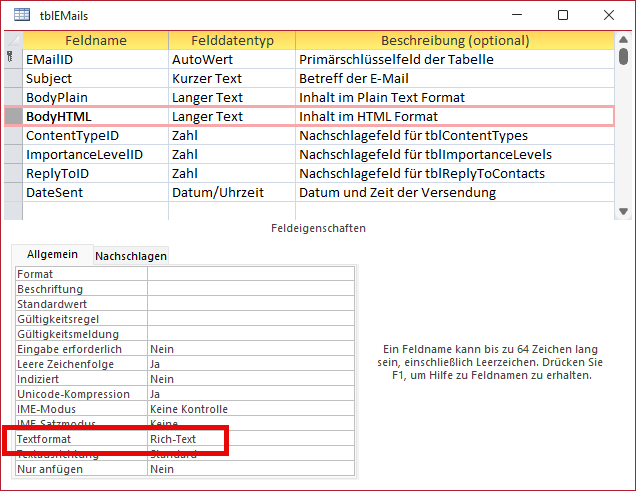 Entwurf der Tabelle tblEMails