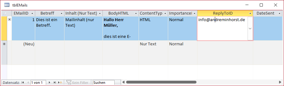 Beispieldatensatz in der Tabelle tblEMails
