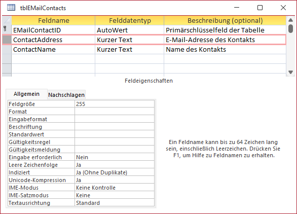 Entwurf der Tabelle tblEMailContacts