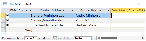 Werte der Tabelle tblEMailContacts