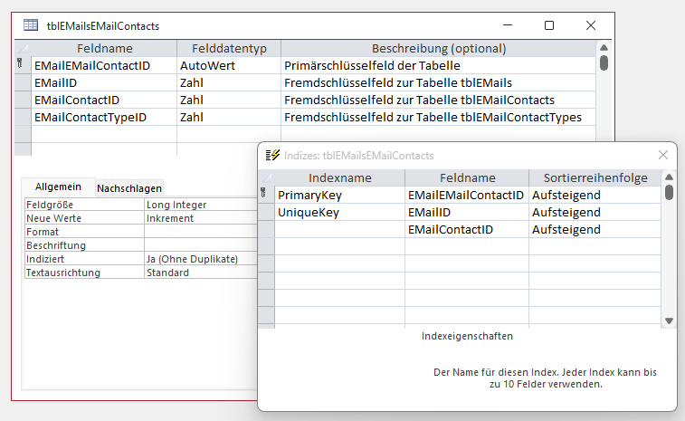 Entwurf der Tabelle tblEMailsEMailContacts