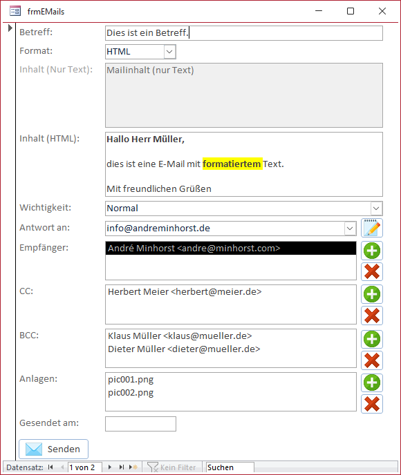 Formular zur Eingabe der E-Mail-Daten