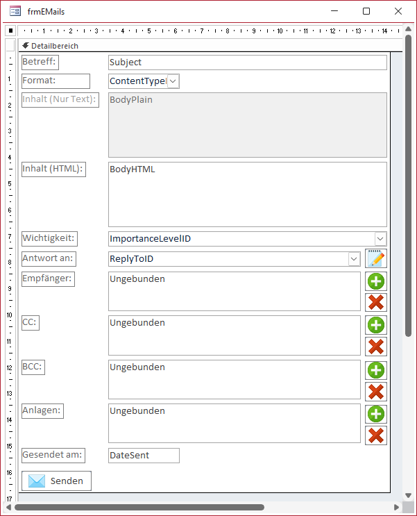 Das Formular frmEMails in der Entwurfsansicht