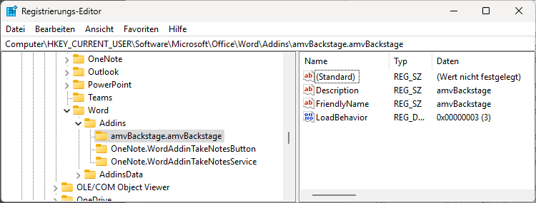 Eintrag für ein COM-Add-In für Word