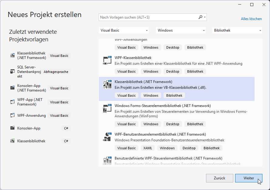 Projekttyp für das neue Projekt auswählen