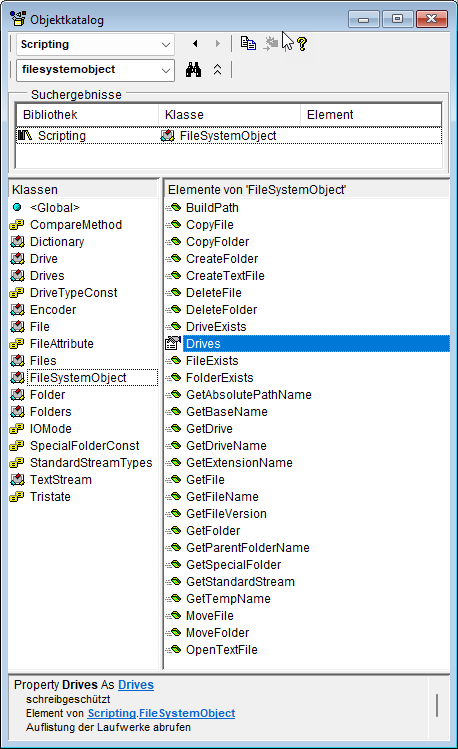 Die Elemente der Klasse FileSystemObject in der Übersicht im Objektkatalog
