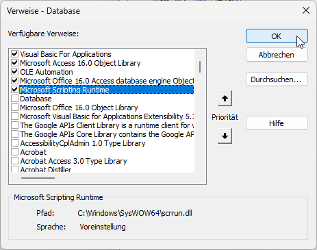 Verweis auf die Bibliothek Microsoft Scripting Runtime hinzufügen