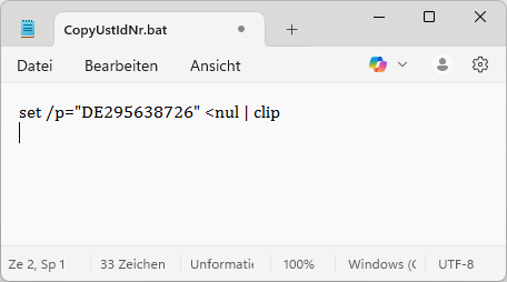 .bat-Datei mit dem Befehl zum Kopieren eines Textes in die Zwischenablage